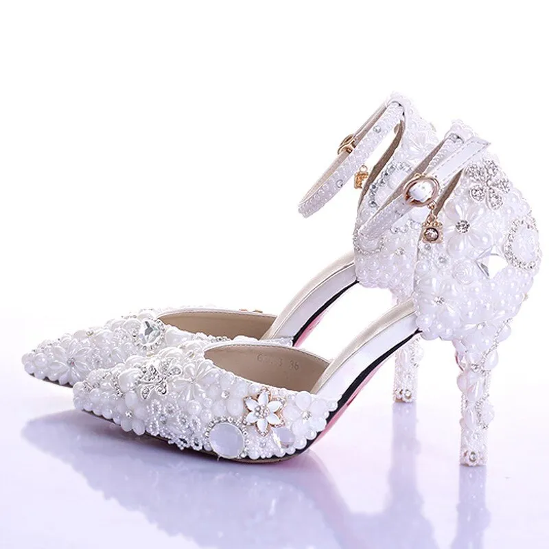 Snow White Elegant Pearl Wedding Shoes Party Prom Platform High Heels Event Pumps Women Shoes Rhinestone Crystal Dress Shoes