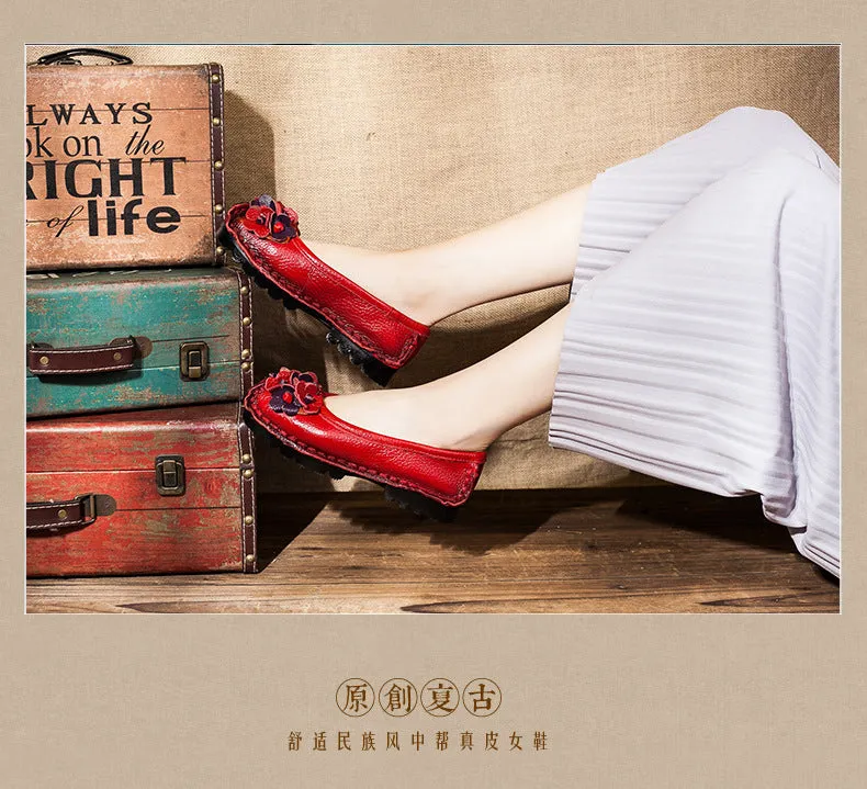 Solid Color Retro Flower Leather Shoes Shallow Mouth Round Toe Slip-on Leather Shoes
