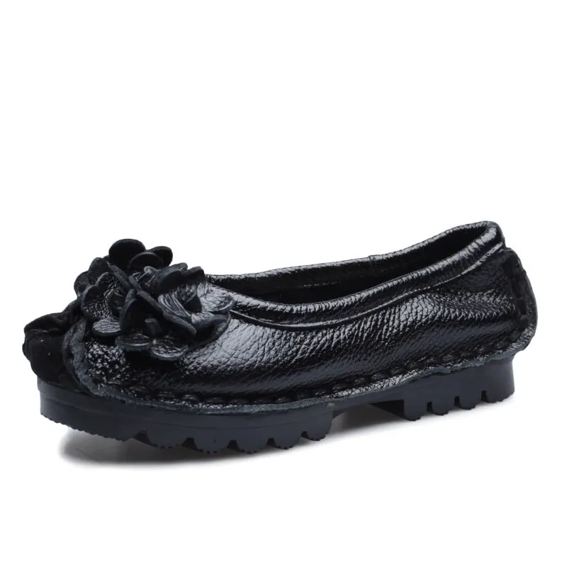 Solid Color Retro Flower Leather Shoes Shallow Mouth Round Toe Slip-on Leather Shoes