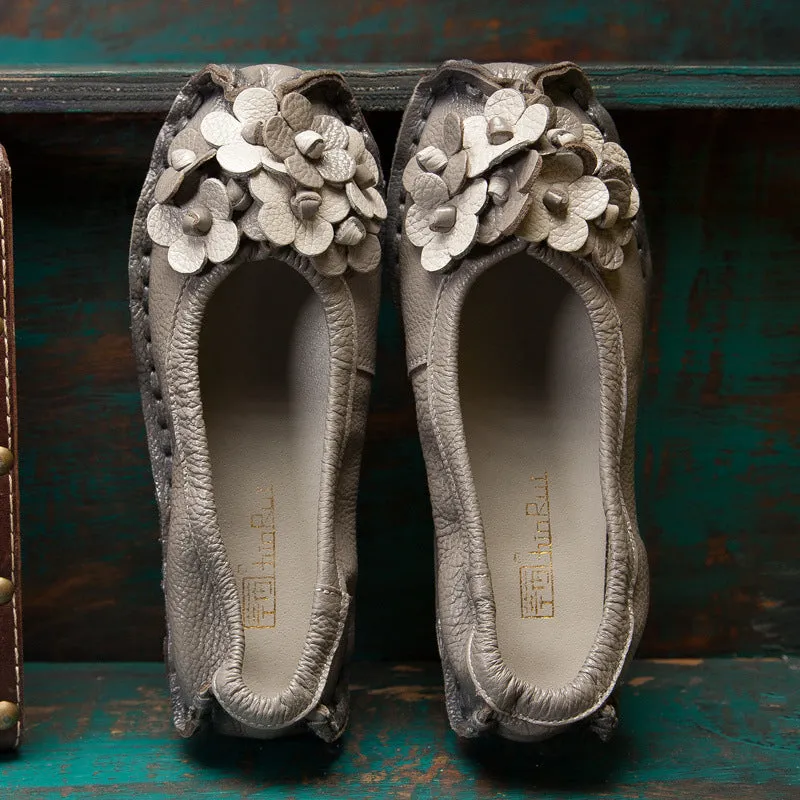 Solid Color Retro Flower Leather Shoes Shallow Mouth Round Toe Slip-on Leather Shoes