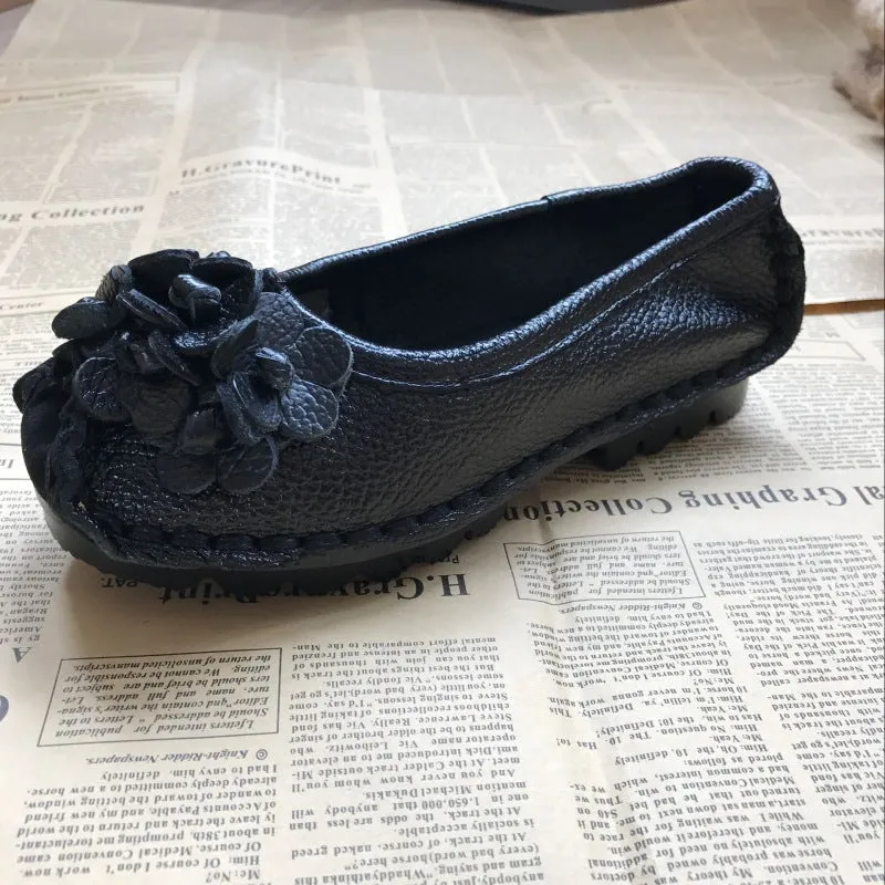 Solid Color Retro Flower Leather Shoes Shallow Mouth Round Toe Slip-on Leather Shoes