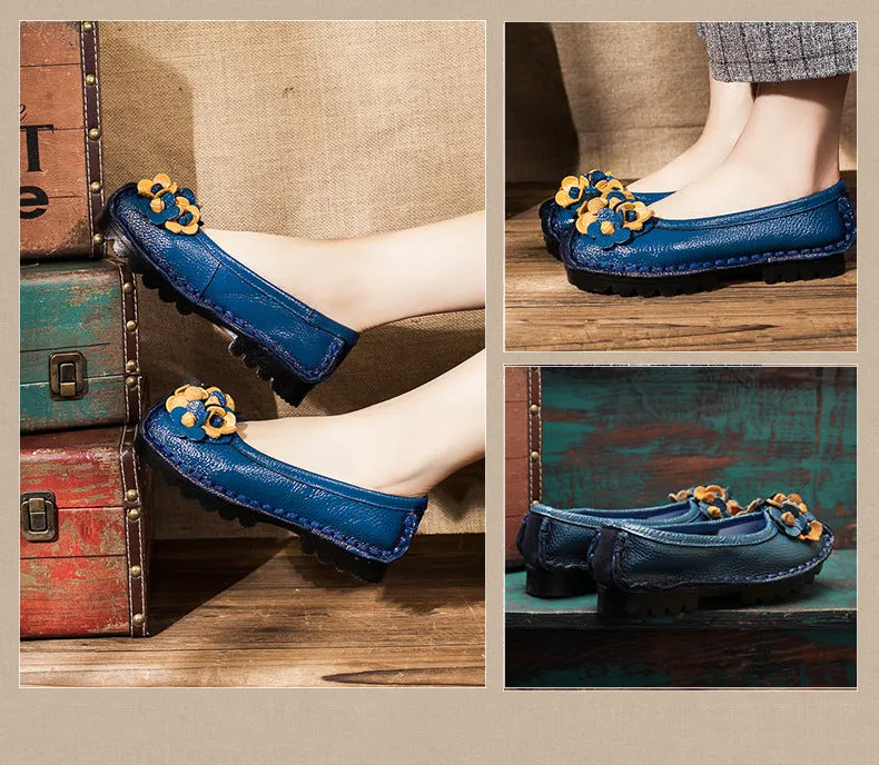 Solid Color Retro Flower Leather Shoes Shallow Mouth Round Toe Slip-on Leather Shoes