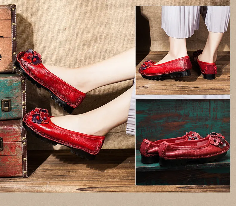 Solid Color Retro Flower Leather Shoes Shallow Mouth Round Toe Slip-on Leather Shoes