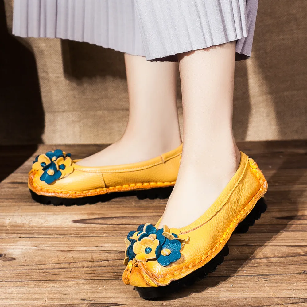 Solid Color Retro Flower Leather Shoes Shallow Mouth Round Toe Slip-on Leather Shoes