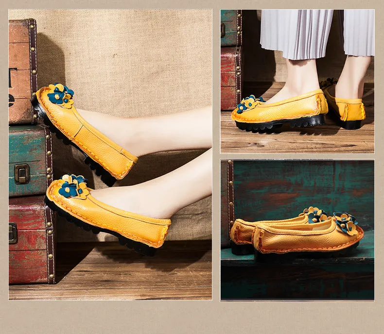 Solid Color Retro Flower Leather Shoes Shallow Mouth Round Toe Slip-on Leather Shoes