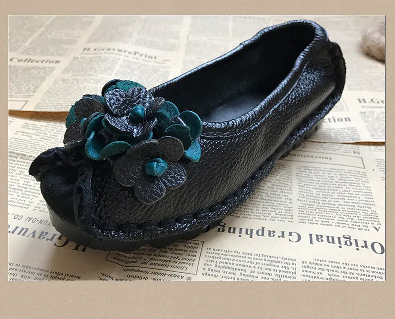 Solid Color Retro Flower Leather Shoes Shallow Mouth Round Toe Slip-on Leather Shoes
