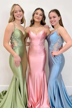 Spaghetti Mermaid Backless Green Strap Trumpet Long Prom Dress TP1366