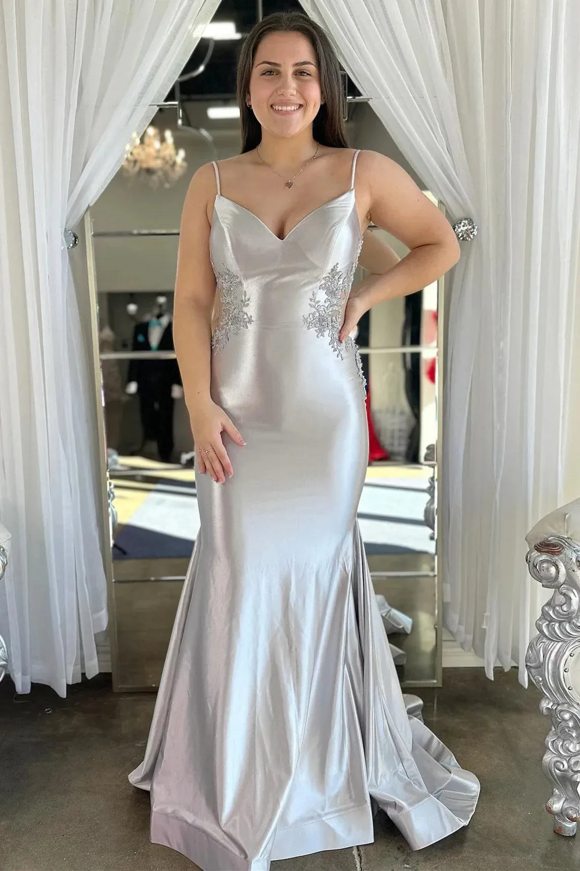 Spaghetti Mermaid Backless Green Strap Trumpet Long Prom Dress TP1366
