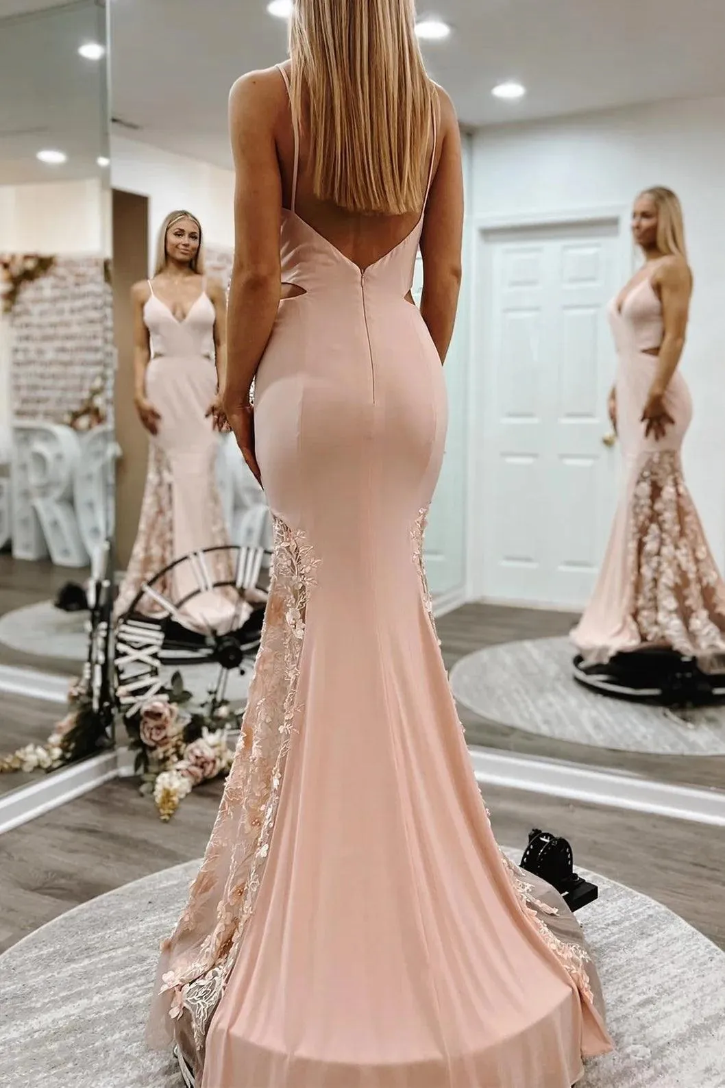 Spaghetti Straps Appliques Mermaid Blush Pink Prom Evening Dress TP1213