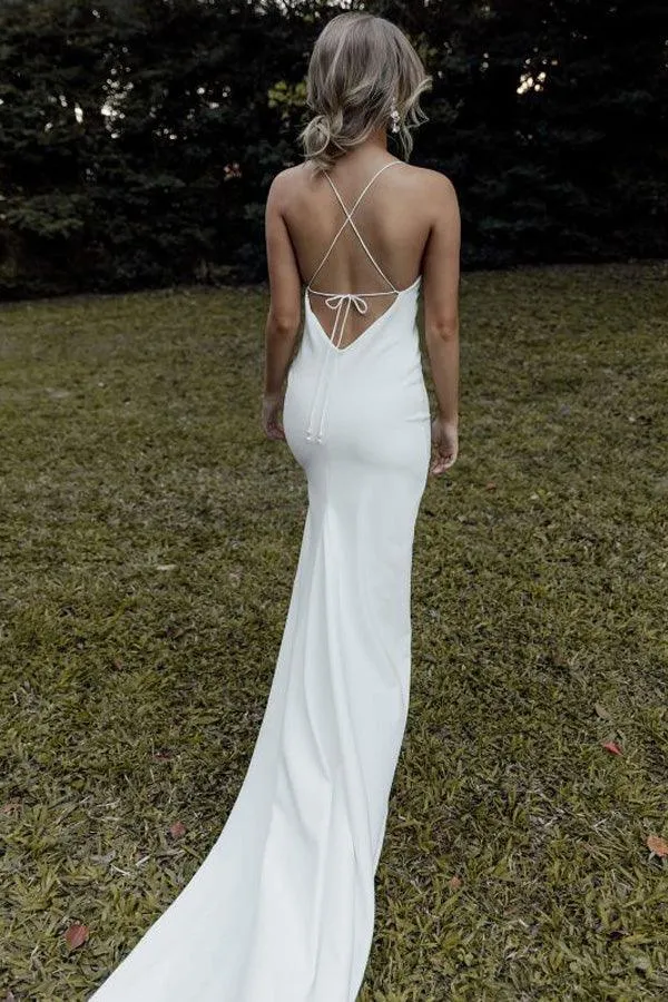 Spaghetti Straps Ivory Satin Backless Split Simple Wedding Dresses TN282