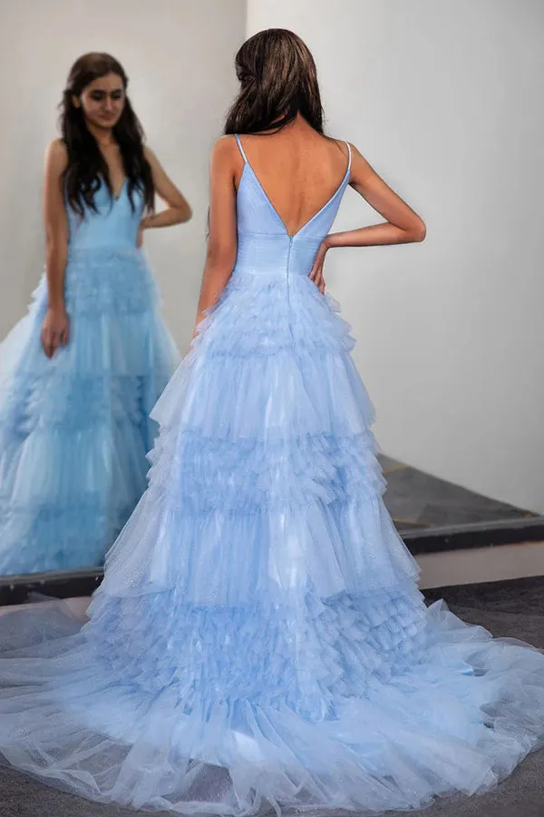 Sparkly Light Blue Long Tiered Tulle Prom Dress Party Dress TP1389