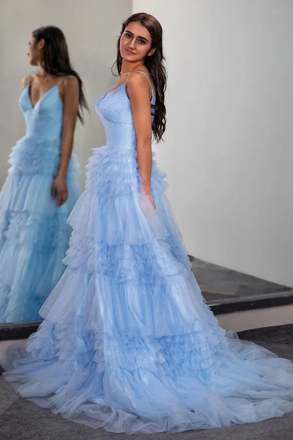 Sparkly Light Blue Long Tiered Tulle Prom Dress Party Dress TP1389