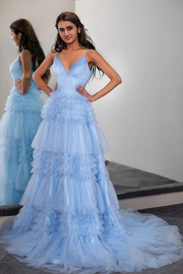 Sparkly Light Blue Long Tiered Tulle Prom Dress Party Dress TP1389