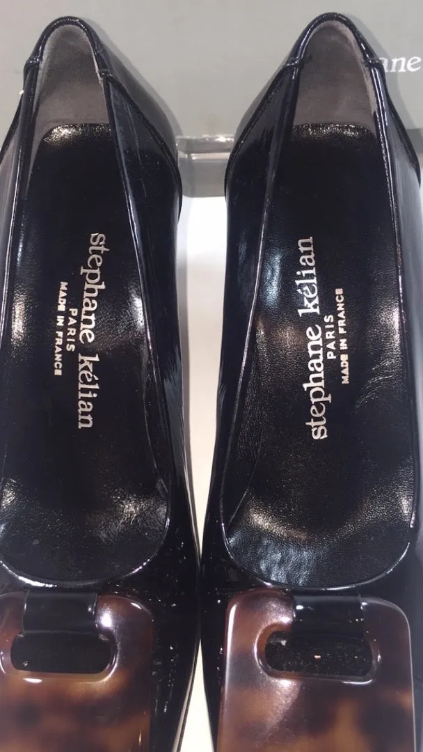 STEPHANE KELIAN Black Patent with Tortoise Buckle Block Heel With Box Size 7