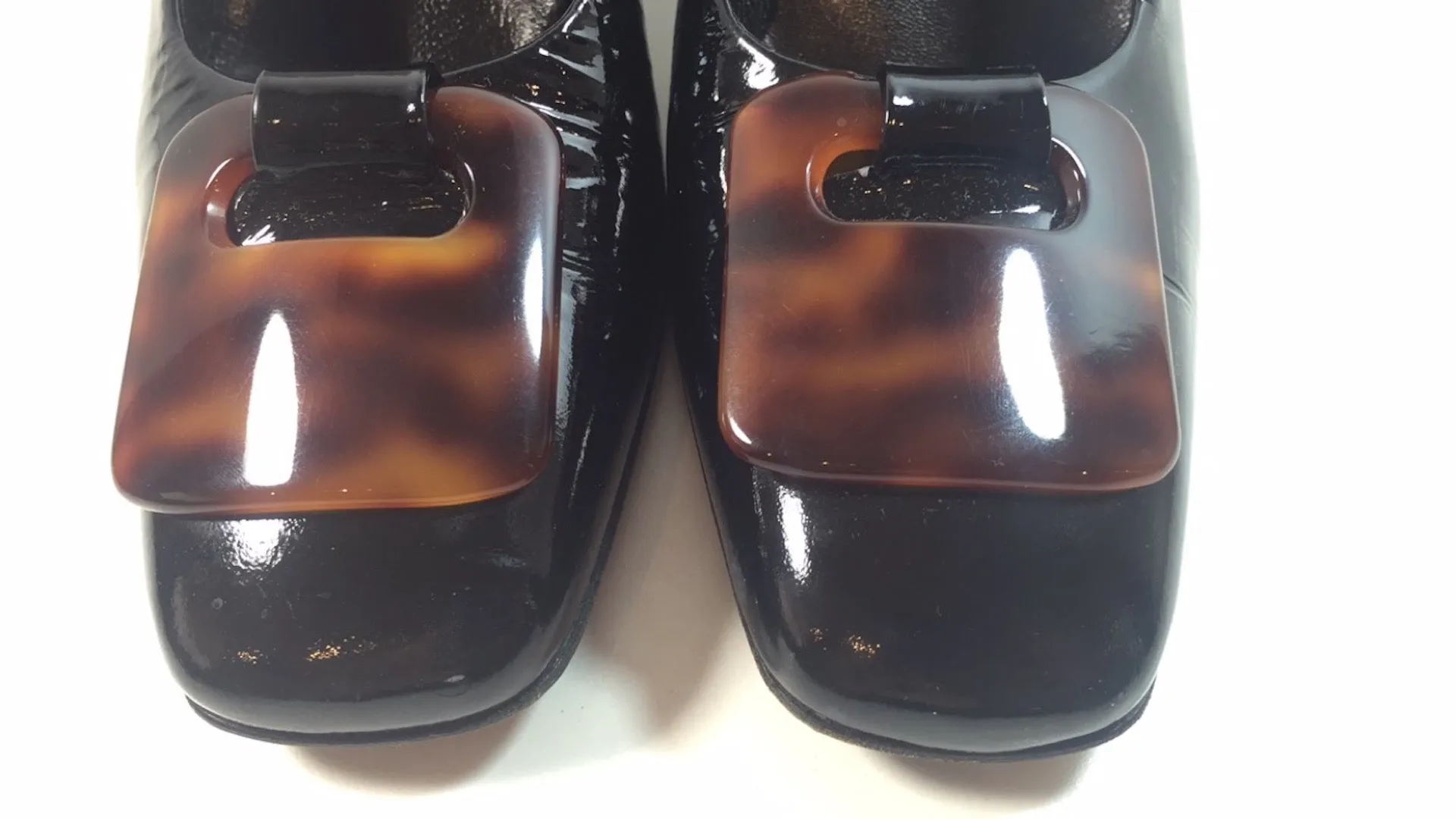 STEPHANE KELIAN Black Patent with Tortoise Buckle Block Heel With Box Size 7