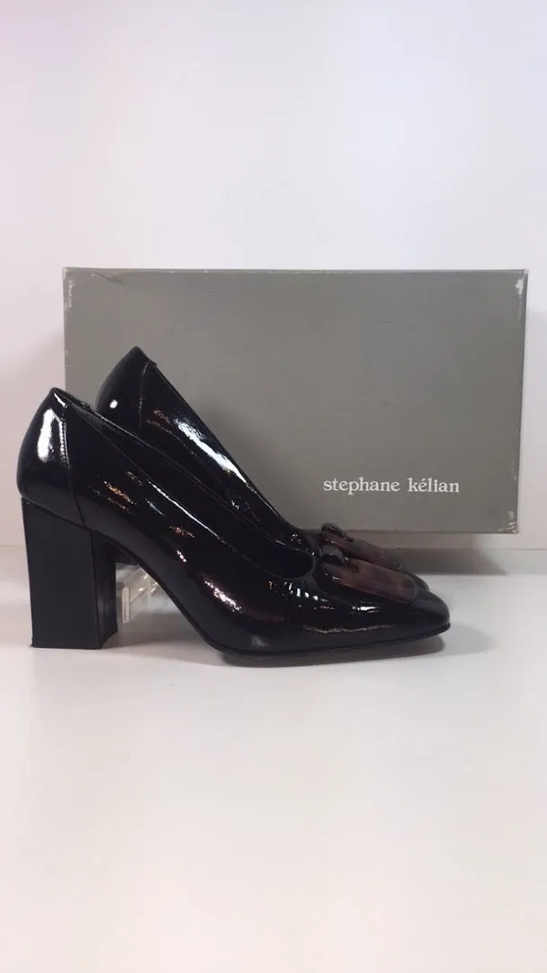 STEPHANE KELIAN Black Patent with Tortoise Buckle Block Heel With Box Size 7