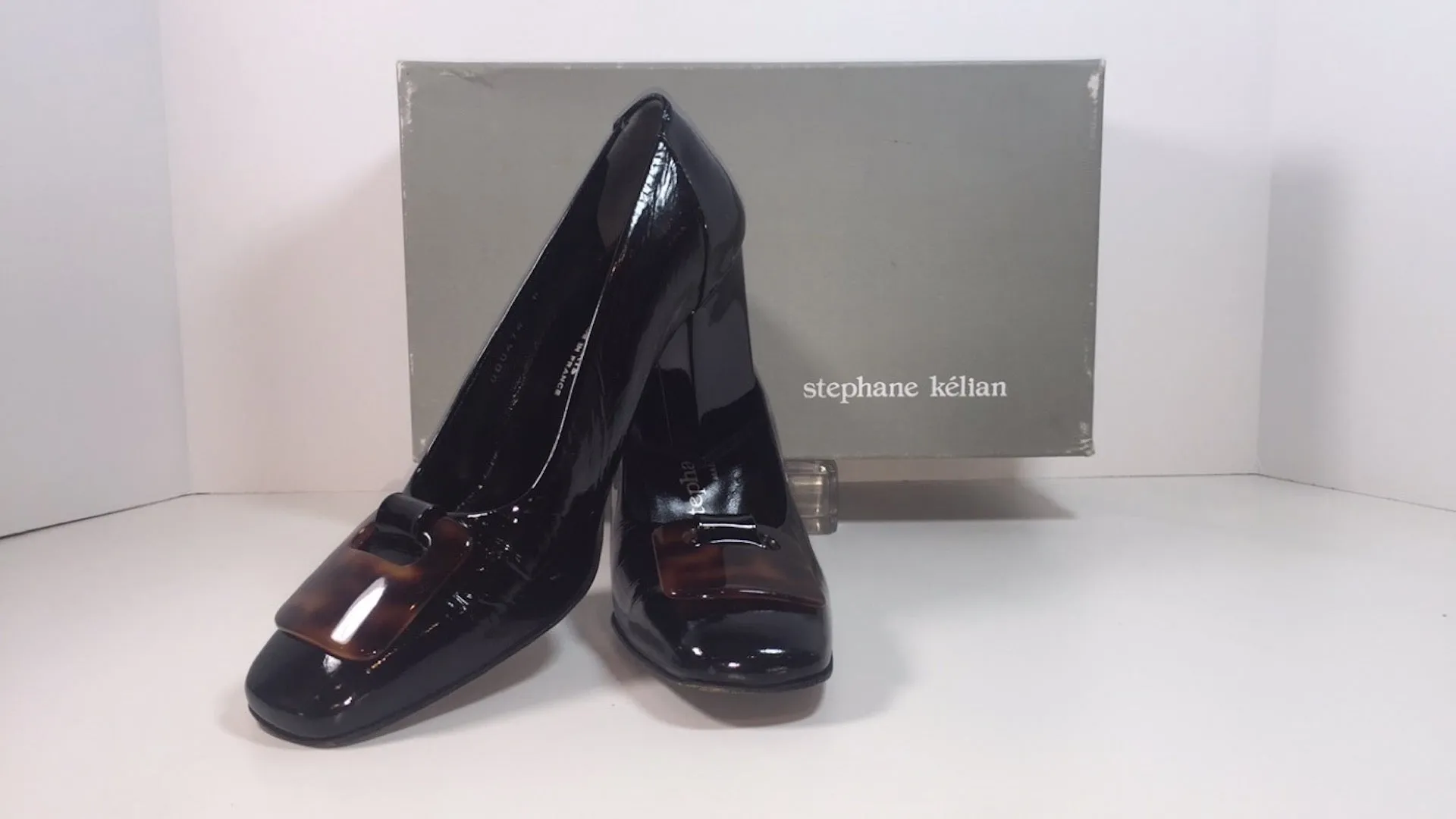 STEPHANE KELIAN Black Patent with Tortoise Buckle Block Heel With Box Size 7