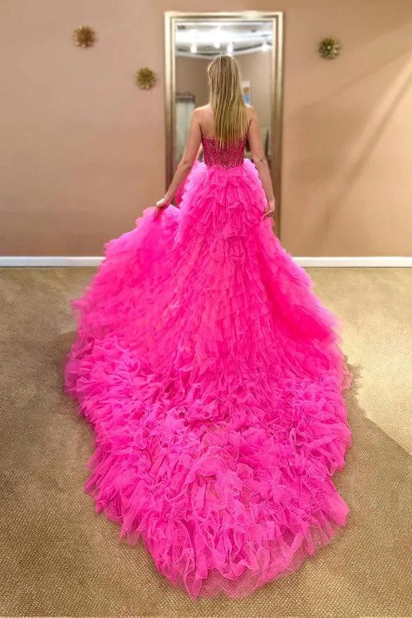 Strapless  Hot Pink Tulle High Low Ball Gown Simple Prom Dress PSK296