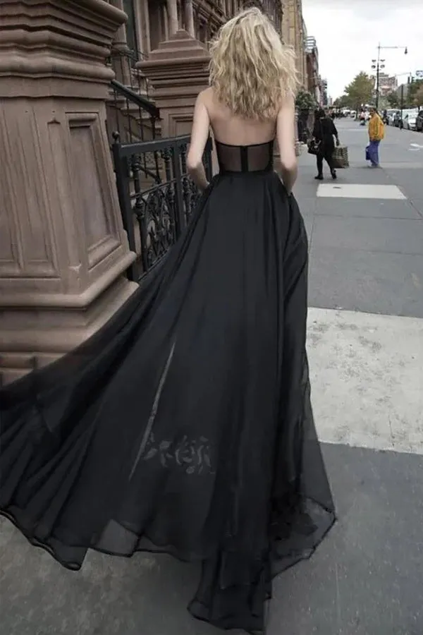 Strapless See Through Chiffon Black Prom Dress Evening Dress TP1314