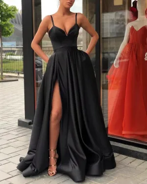 Straps High Slit Prom Dresses V Neck Evening Formal Dresses Black, Beige & Green 3 Colors