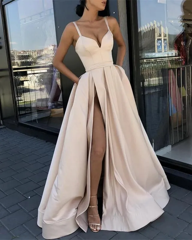 Straps High Slit Prom Dresses V Neck Evening Formal Dresses Black, Beige & Green 3 Colors