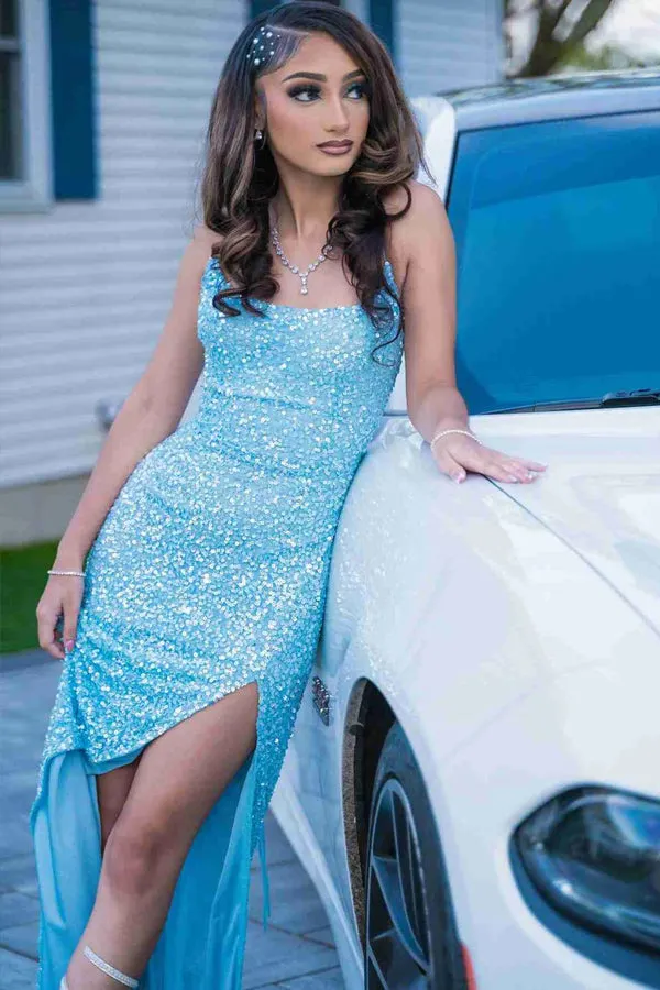 Straps Sequined Long Light Blue Prom Dress With High Slit TP1319