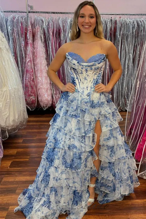 Sweetheart Blue Floral Print Ruffle Prom Dress with Slit TP1408