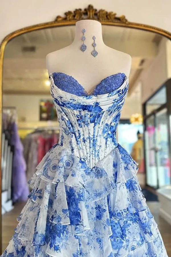 Sweetheart Blue Floral Print Ruffle Prom Dress with Slit TP1408