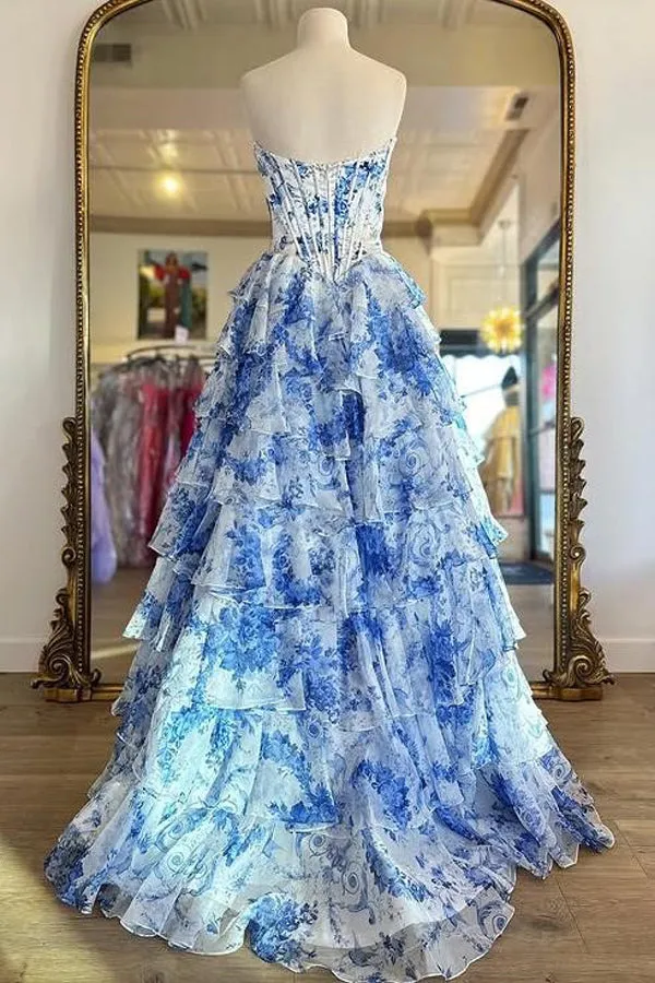 Sweetheart Blue Floral Print Ruffle Prom Dress with Slit TP1408
