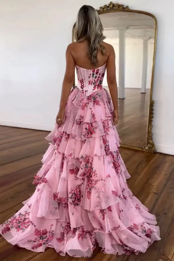 Sweetheart Blue Floral Print Ruffle Prom Dress with Slit TP1408