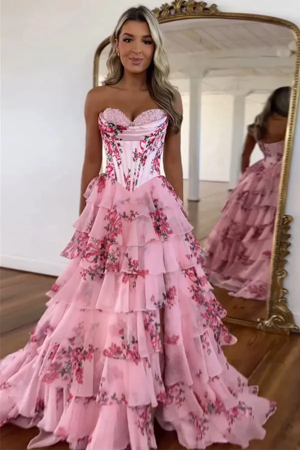 Sweetheart Blue Floral Print Ruffle Prom Dress with Slit TP1408