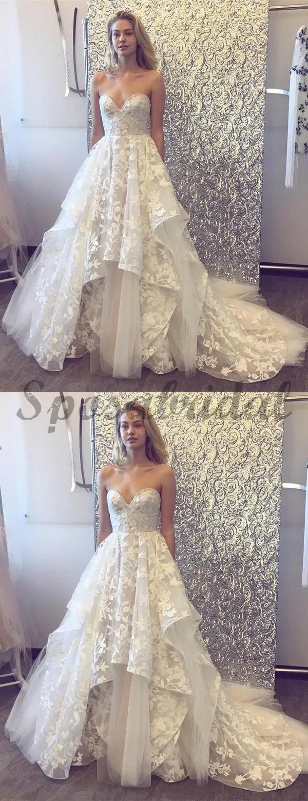 Sweetheart Strapless Lace Tulle Ruffles With Train Wedding Dresses WD368