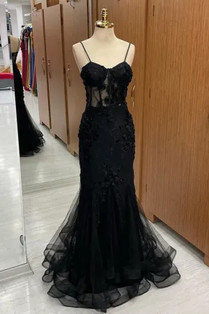 Sweetheart Straps Mermaid Appliques Tulle Long Prom Dress      fg4716