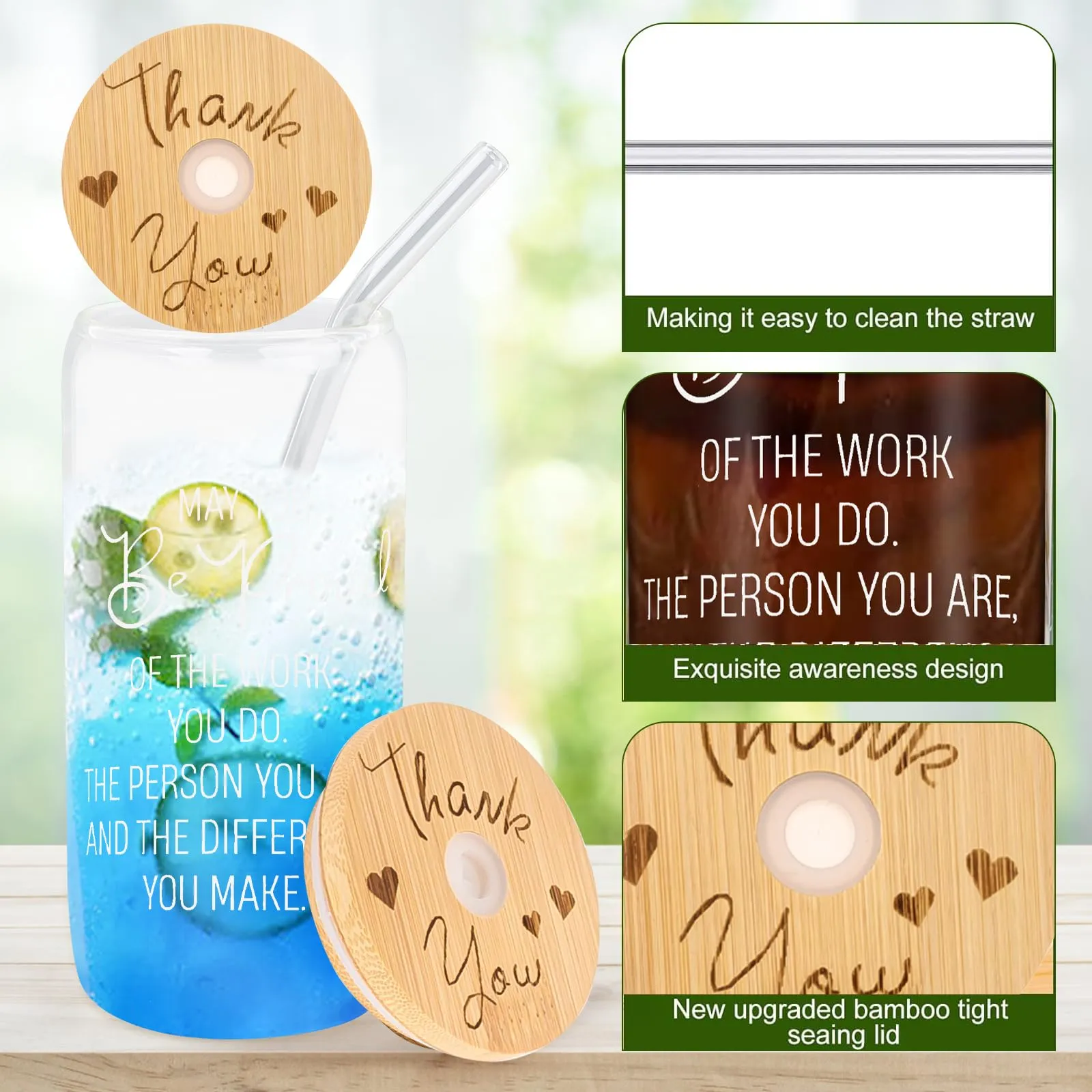 Thank You Gift - 6 Pack - Glass Cup with Bamboo Lids and Straws 16 oz - Gift Ideas - Business Gifts - Canadian Distribution