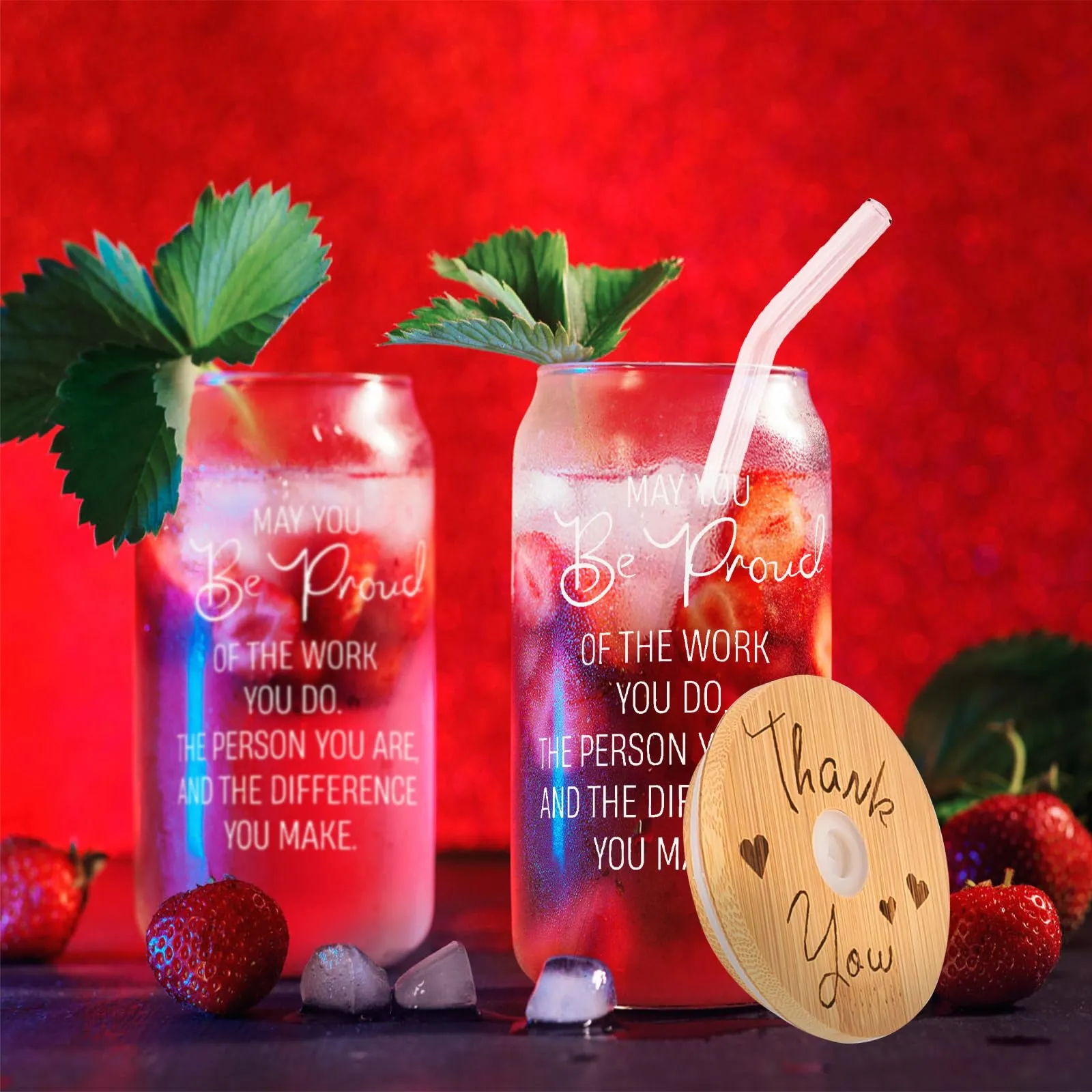 Thank You Gift - 6 Pack - Glass Cup with Bamboo Lids and Straws 16 oz - Gift Ideas - Business Gifts - Canadian Distribution
