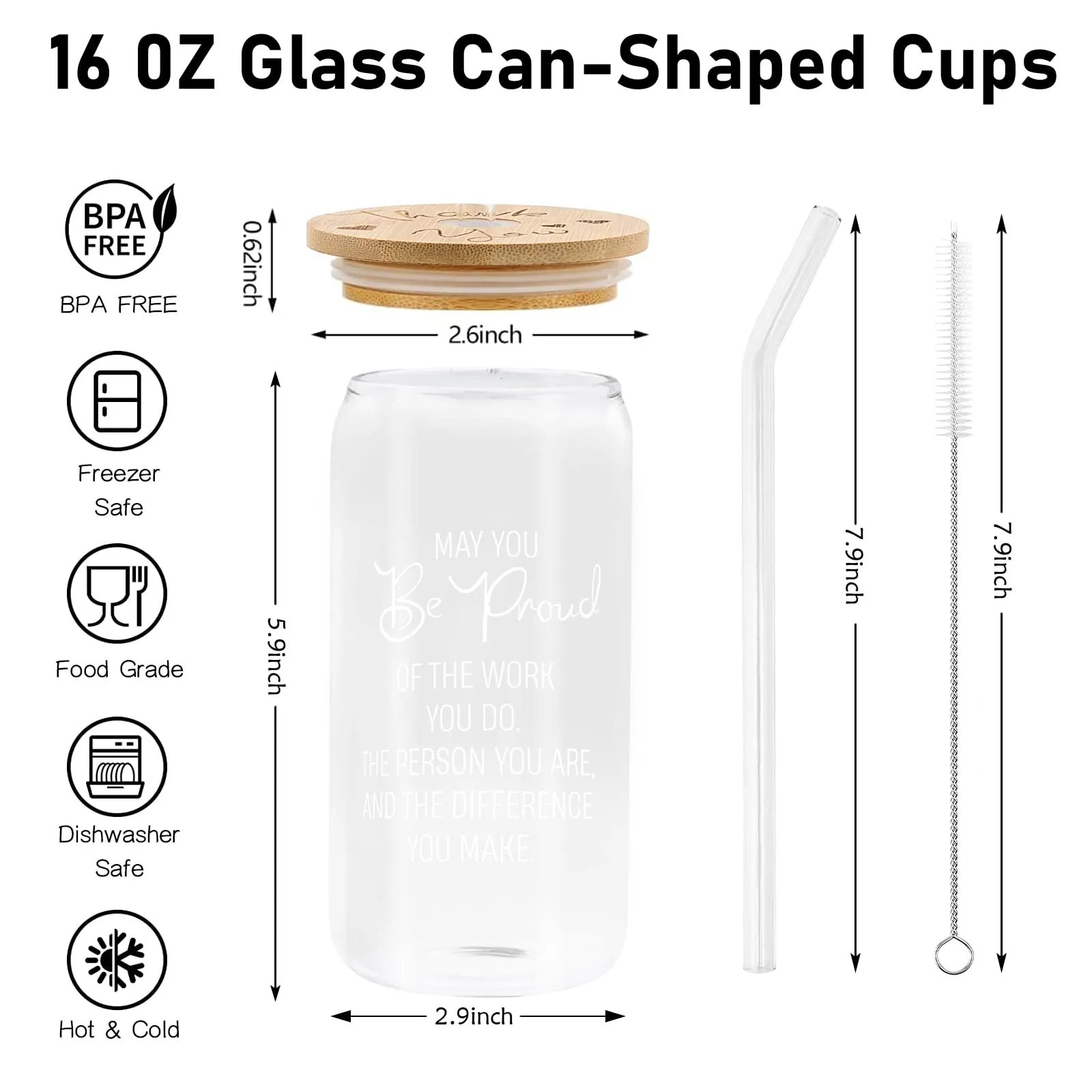Thank You Gift - 6 Pack - Glass Cup with Bamboo Lids and Straws 16 oz - Gift Ideas - Business Gifts - Canadian Distribution
