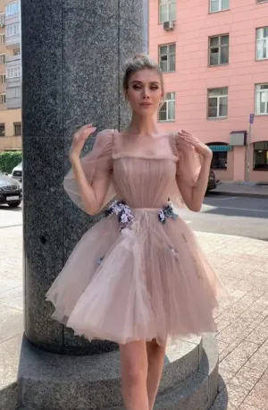 Tulle Homecoming Dresses With Puffy Bubble Sleeves      fg2610