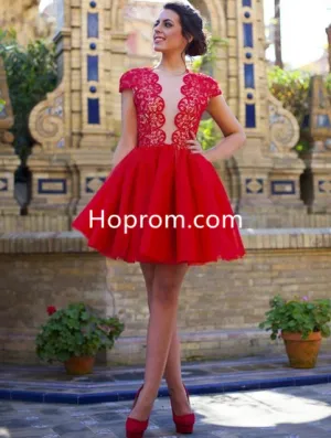 Tulle Scoop Neck ShortMini Cap Straps Casual Red Lace Homecoming  Dress