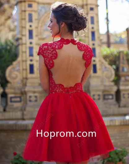 Tulle Scoop Neck ShortMini Cap Straps Casual Red Lace Homecoming  Dress