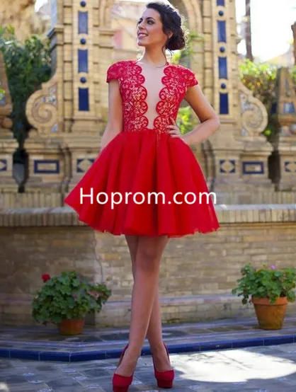 Tulle Scoop Neck ShortMini Cap Straps Casual Red Lace Homecoming  Dress