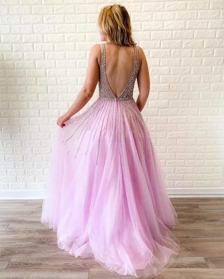 Tulle Sexy Pink Prom Dresses A Line Formal Evening Dress