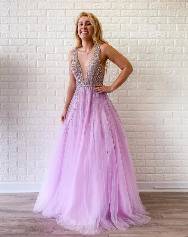Tulle Sexy Pink Prom Dresses A Line Formal Evening Dress
