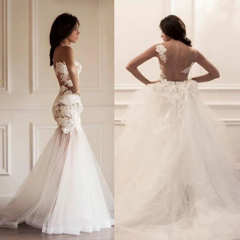 Two Pieces Strapless Gorgeous Lace Wedding Dresses, Mermaid Tulle Bridal Gown, WD0078