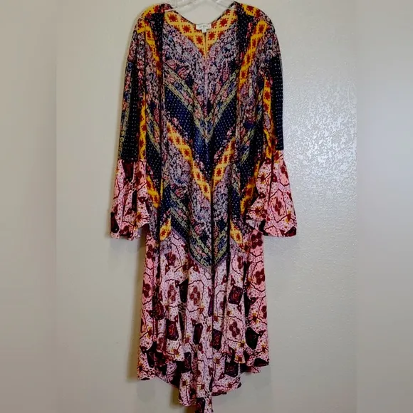 Umgee Maxi Length Multicolor Floral Print Flared Sleeve Kimono
