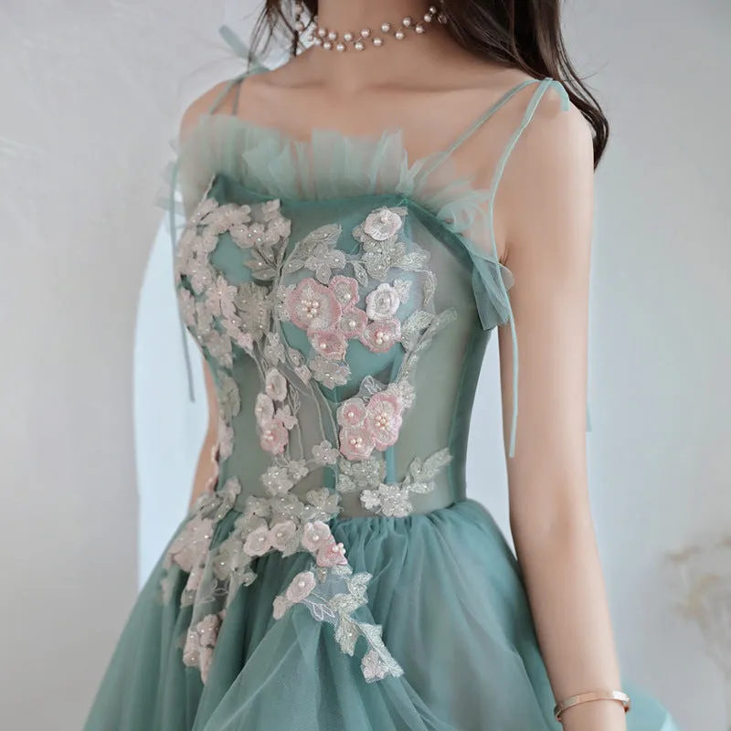 Unique A-line Long Straps Tulle Layers Green and Pink Evening Dress, Long Prom Dress Party Dress