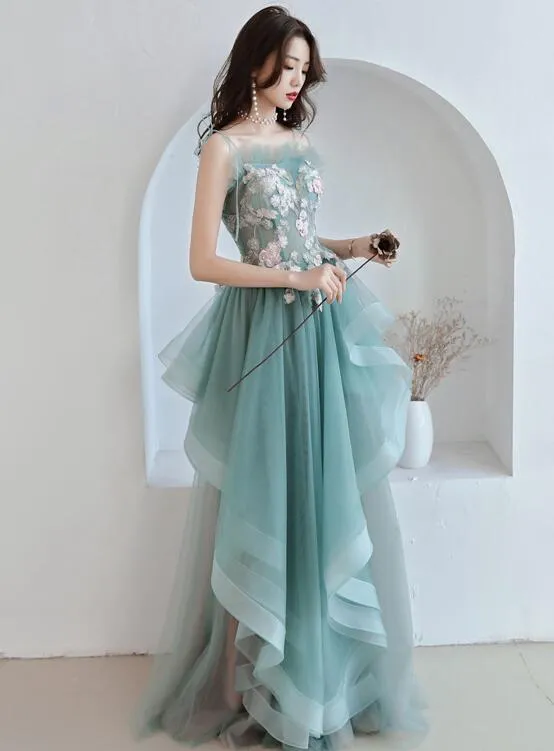 Unique A-line Long Straps Tulle Layers Green and Pink Evening Dress, Long Prom Dress Party Dress