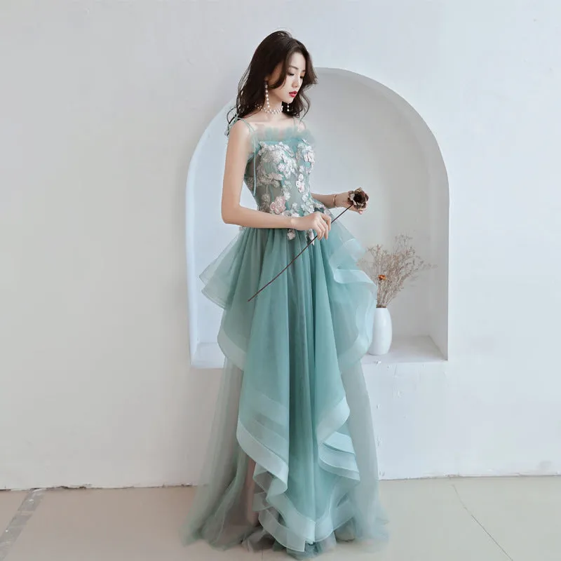 Unique A-line Long Straps Tulle Layers Green and Pink Evening Dress, Long Prom Dress Party Dress