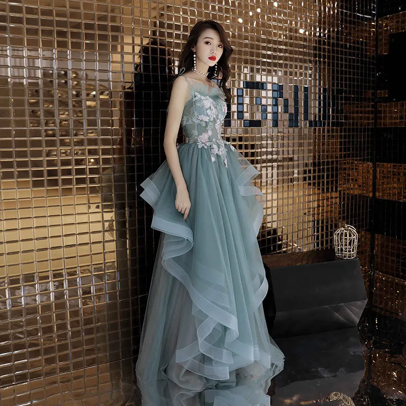 Unique A-line Long Straps Tulle Layers Green and Pink Evening Dress, Long Prom Dress Party Dress