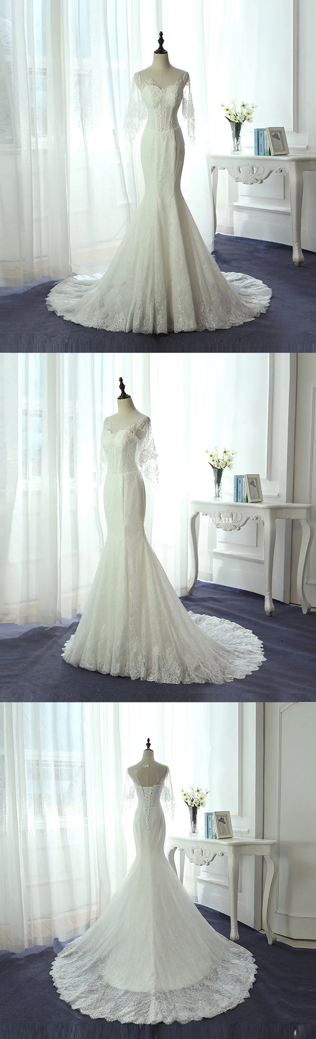 Unique Half Sleeve Yarn Lace Up Back Full Lace Beading Elegant Mermaid  Chapel Trailing Wedding Dress, AB1103