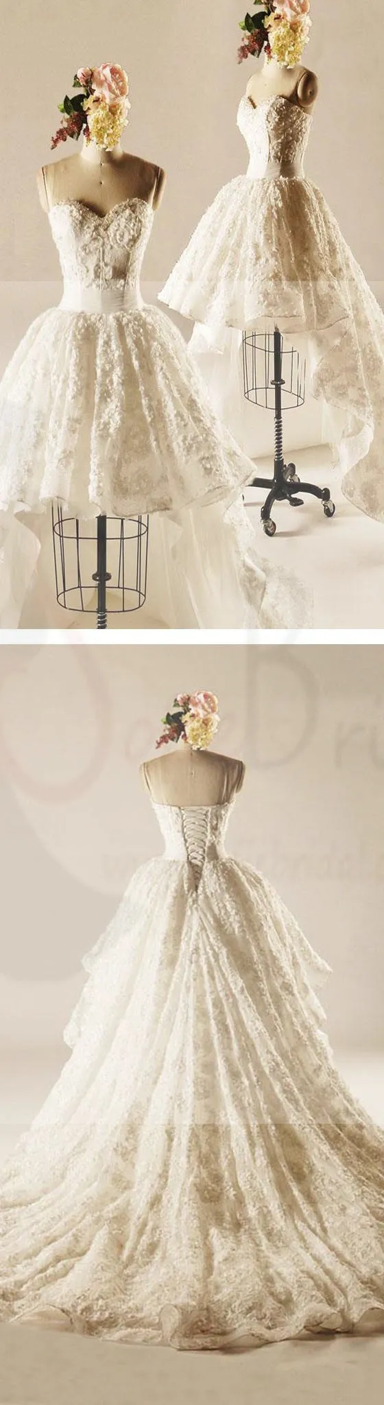 Unique Hi-low Sweetheart Lace Wedding Dresses, Popular Lace Up Bridal Gown, WD0003